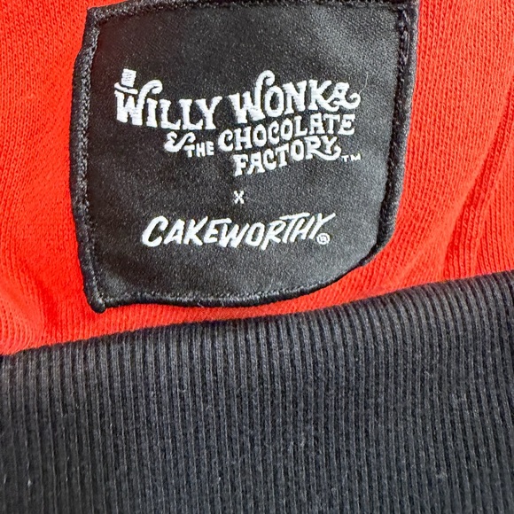 Cakeworthy Willy Wonka Bar Women's Bold Red and Black Sweatshirt Quarter Zip - Picture 4 of 10